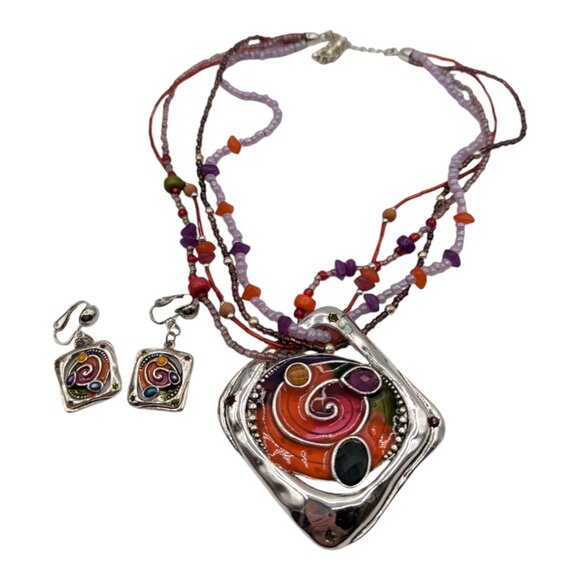 Boho Colorful Beaded Necklace & Earrings Set With Abstract Pendant Demi Parure - Picture 1 of 6